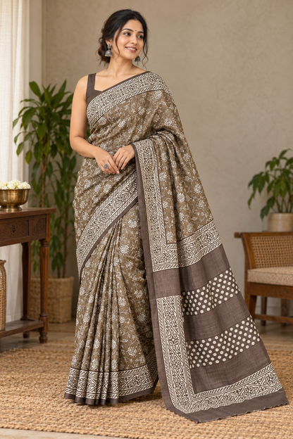 Pure Tussar Silk Handblock Printed Saree