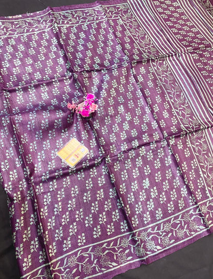 Pure Tussar Silk Handblock Printed Saree
