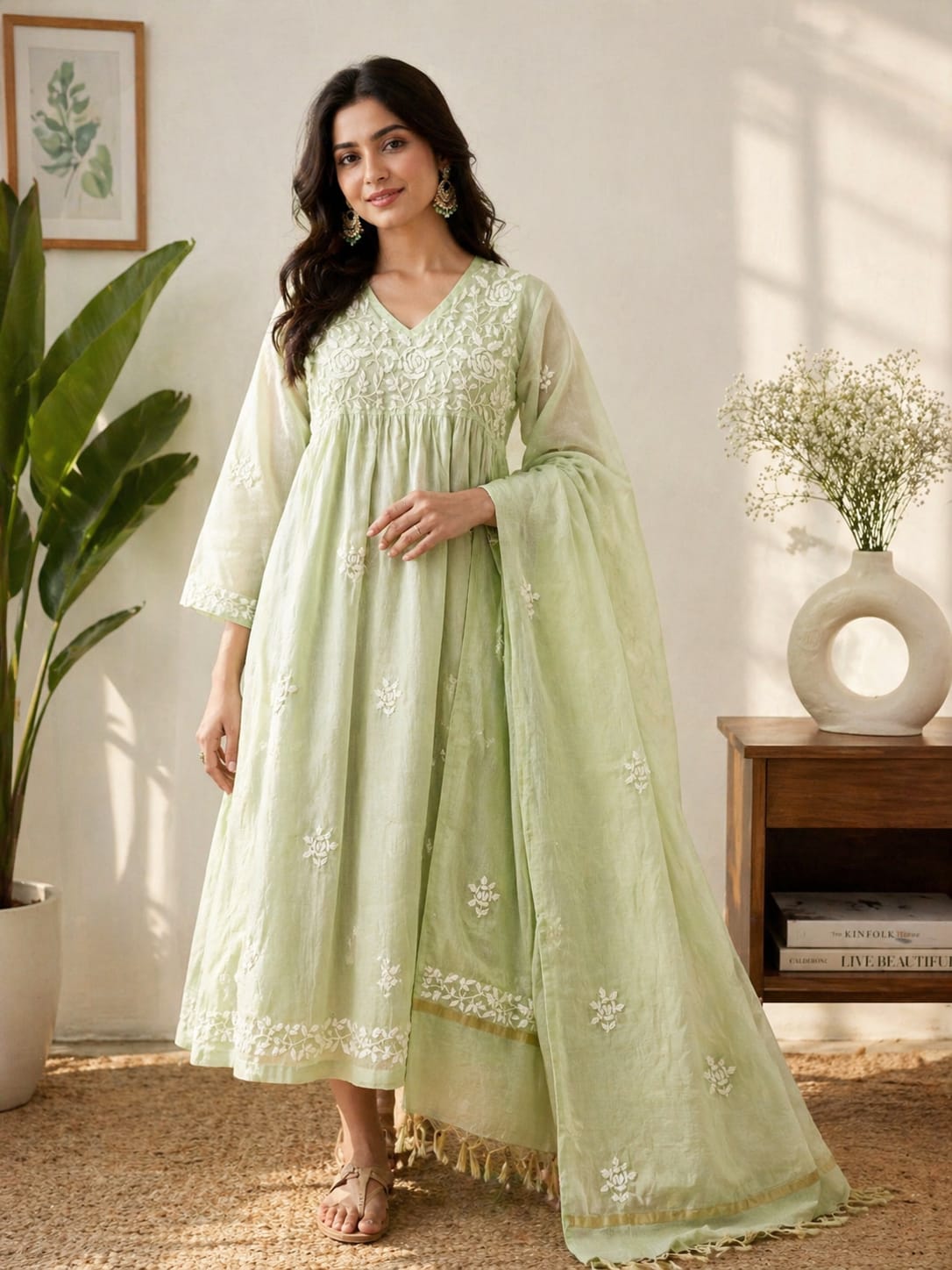 Pure MulMul Chikankari Gown with Dupatta