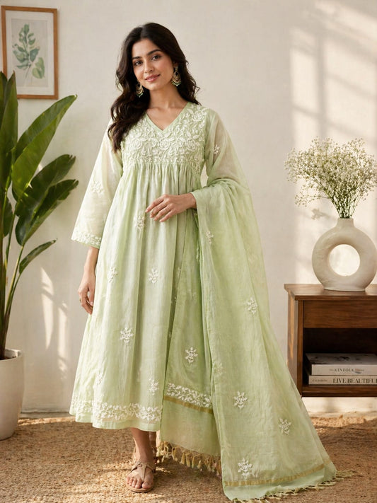 Pure MulMul Chikankari Gown with Dupatta