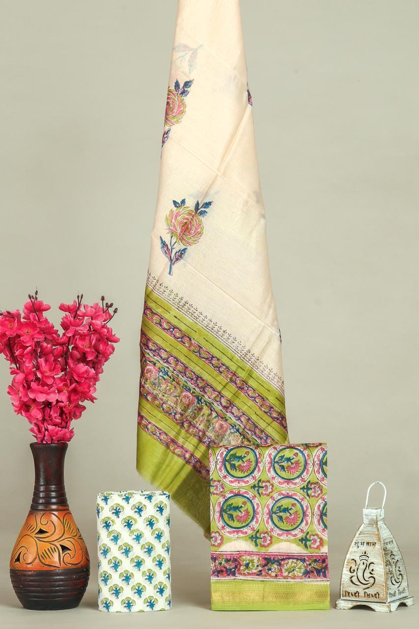 Handblock Maheshwari Zari Border Dress Material