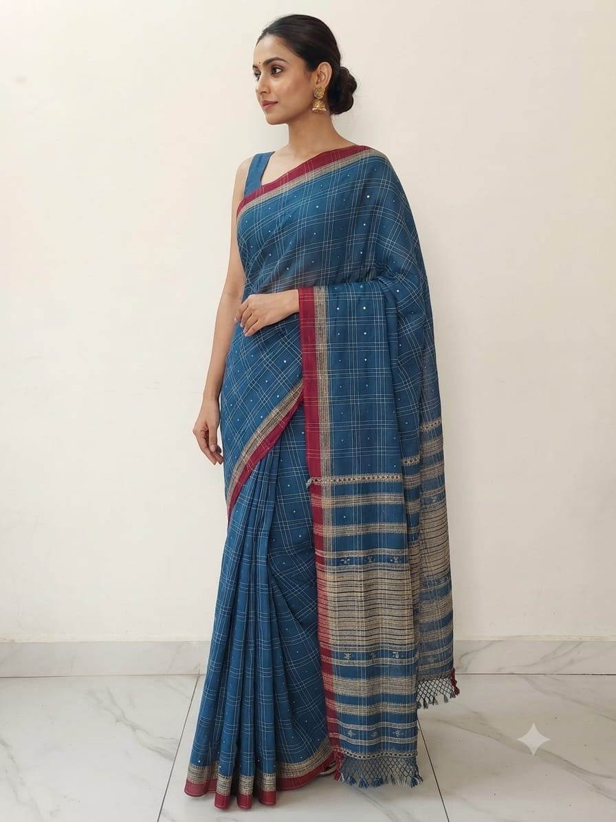 Organic Kala Cotton Saree with Tussar Silk Design & Mirror Work