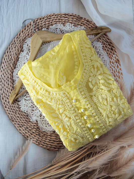 Yellow Chikankari Organza Anarkali