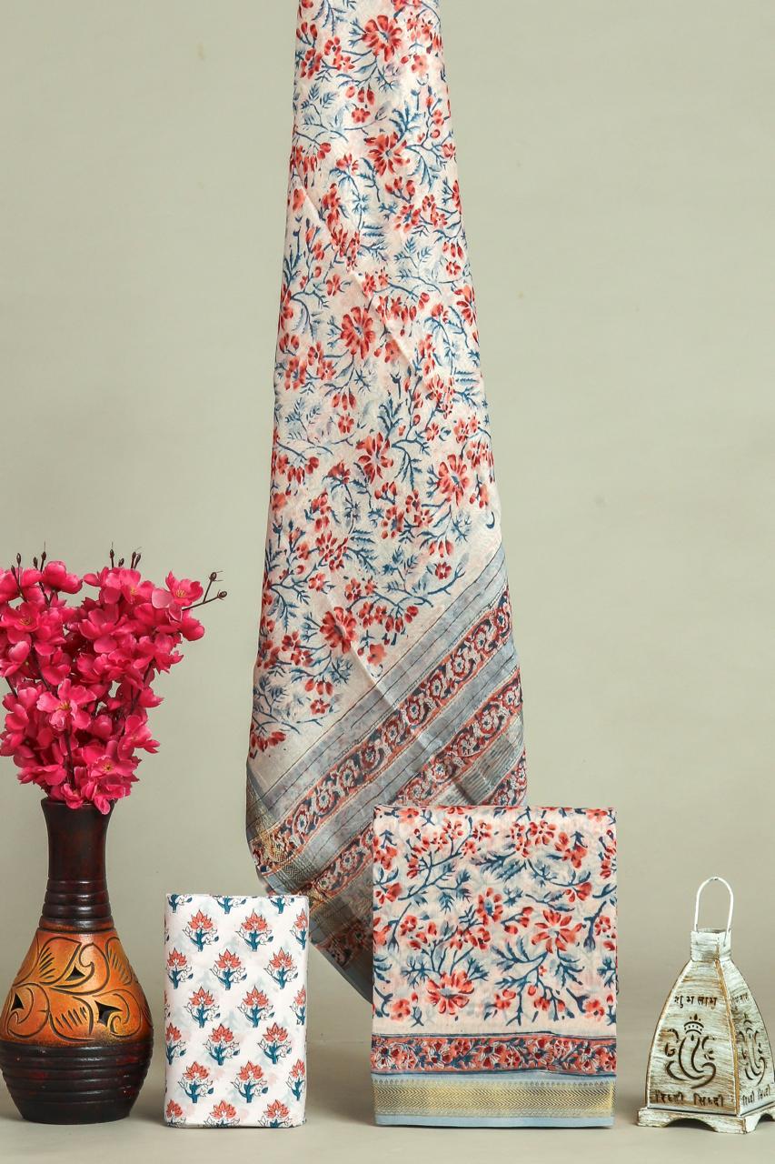 Handblock Maheshwari Zari Border Dress Material