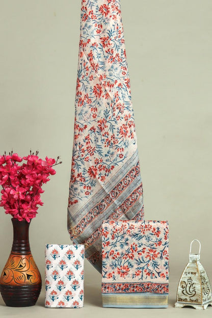 Handblock Maheshwari Zari Border Dress Material