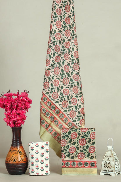 Handblock Maheshwari Zari Border Dress Material