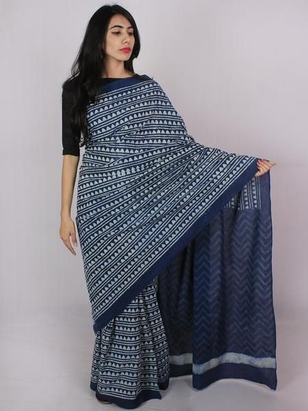 Indigo Hand Block Print Mul Cotton Saree
