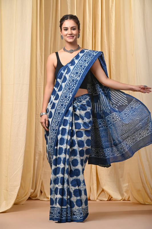 Indigo Hand Block Print Mul Cotton Saree