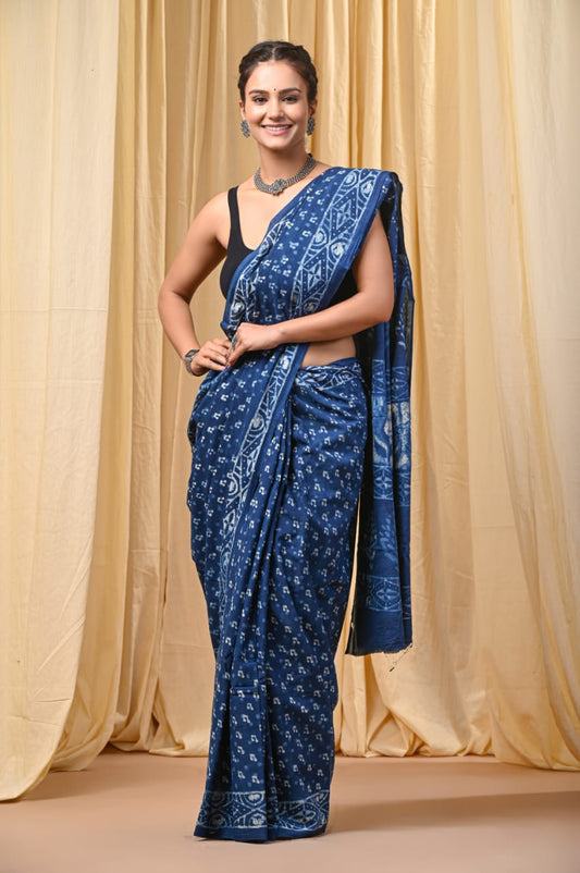 Indigo Hand Block Print Mul Cotton Saree