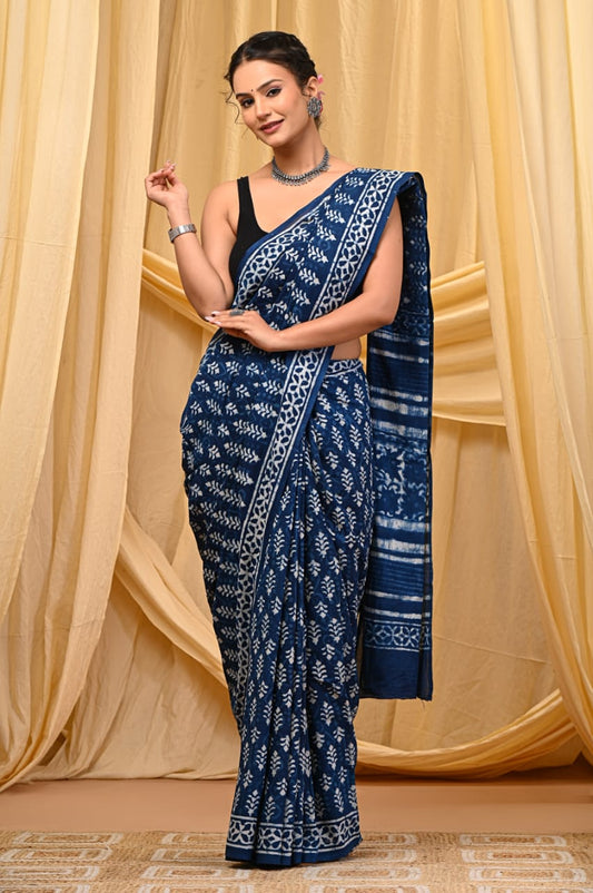 Indigo Hand Block Print Mul Cotton Saree