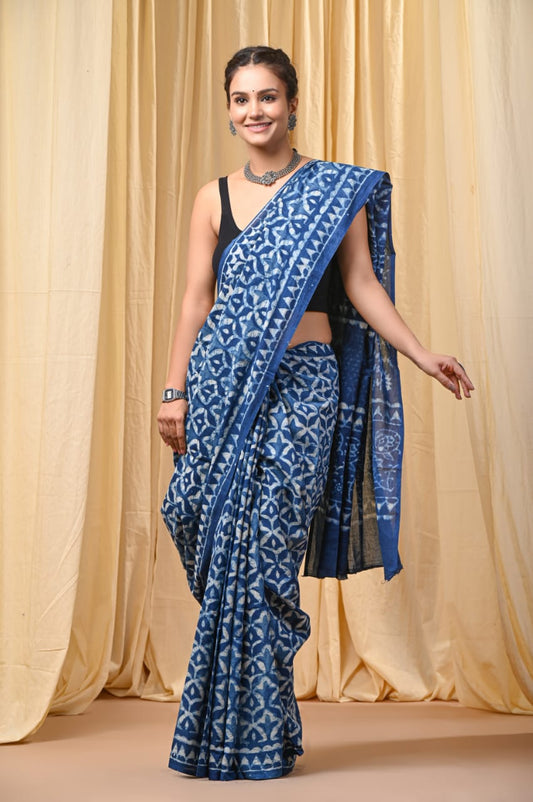 Indigo Hand Block Print Mul Cotton Saree