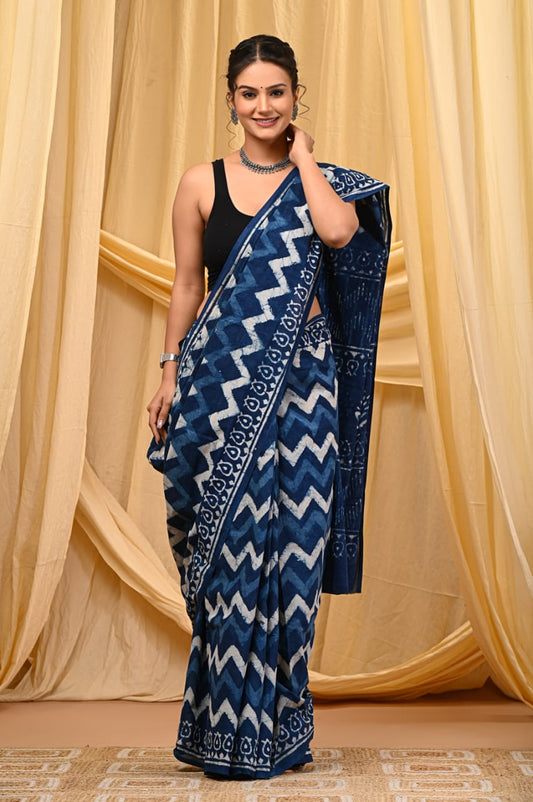 Indigo Hand Block Print Mul Cotton Saree