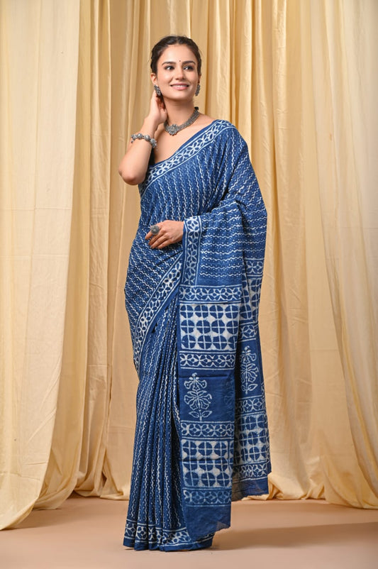 Indigo Hand Block Print Mul Cotton Saree