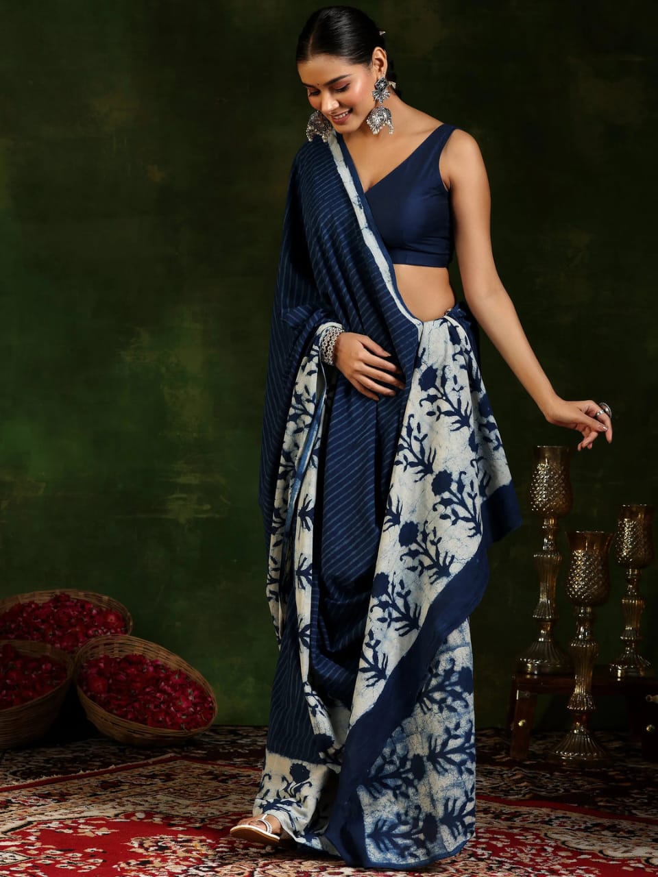 Indigo Hand Block Print Mul Cotton Saree