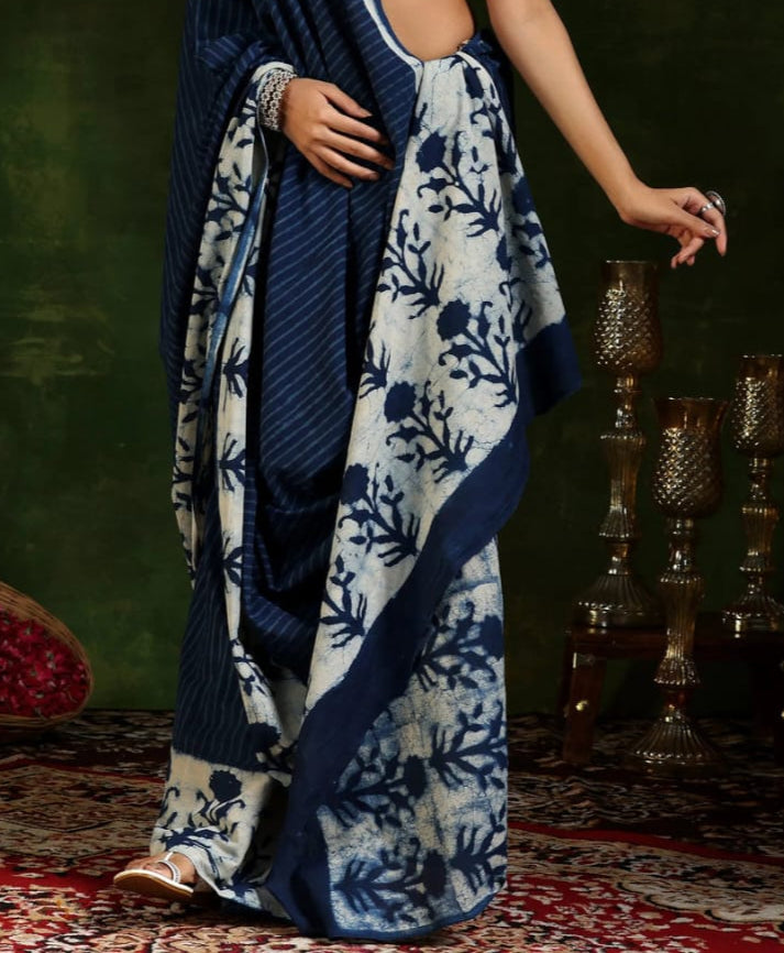 Indigo Hand Block Print Mul Cotton Saree