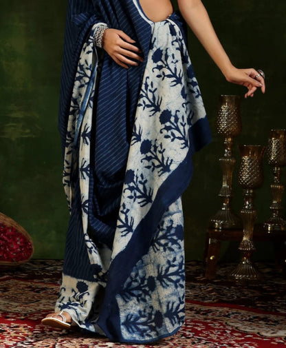 Indigo Hand Block Print Mul Cotton Saree