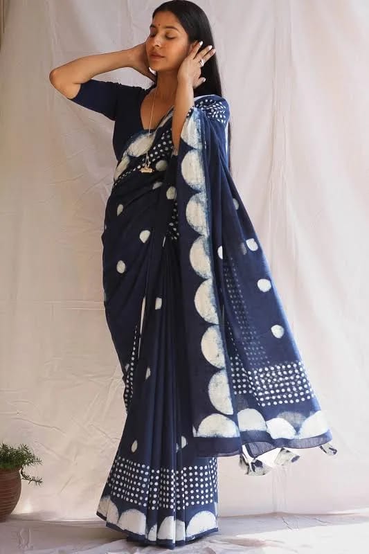 Indigo Hand Block Print Mul Cotton Saree