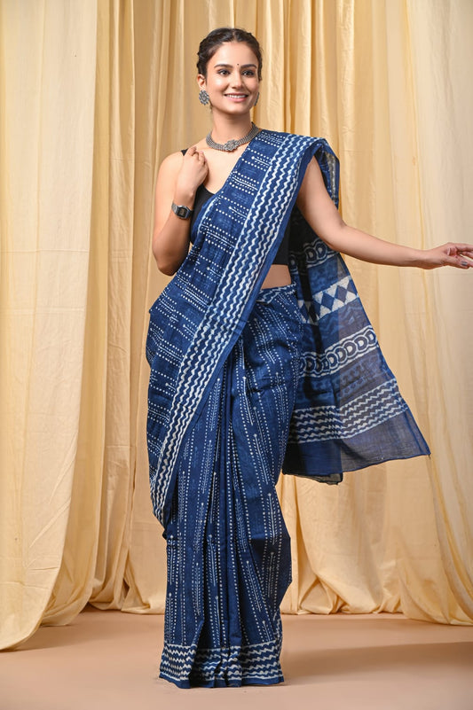 Indigo Hand Block Print Mul Cotton Saree