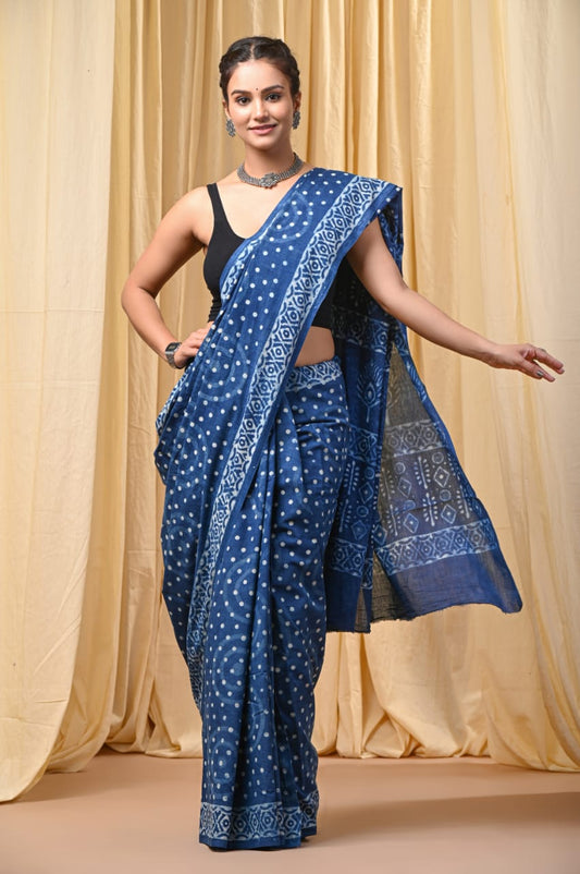 Indigo Hand Block Print Mul Cotton Saree