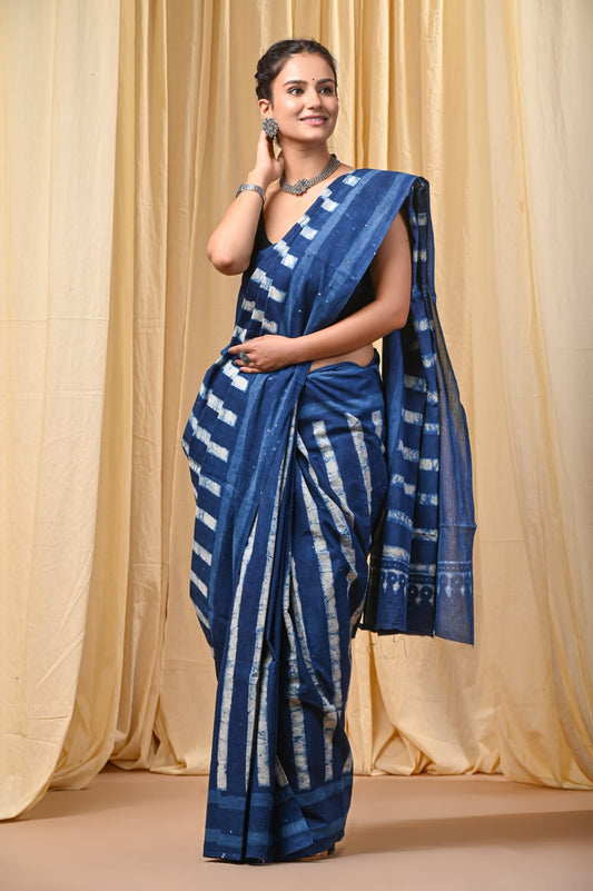Indigo Hand Block Print Mul Cotton Saree
