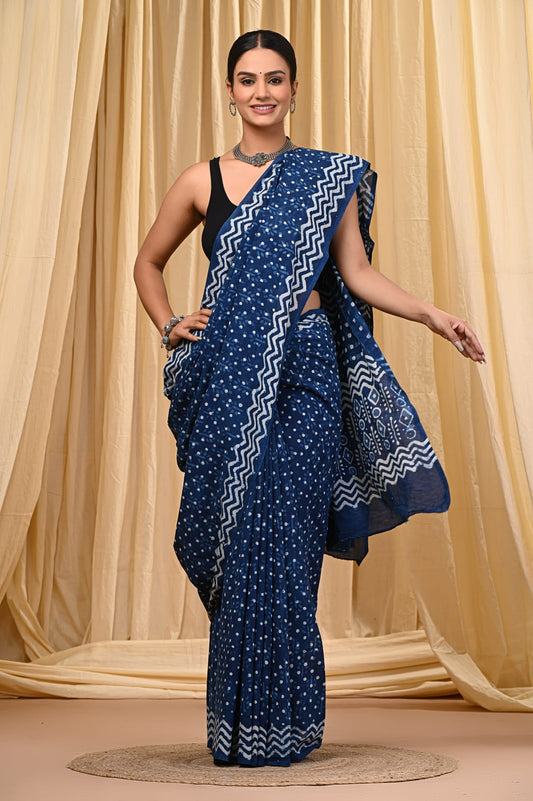 Indigo Hand Block Print Mul Cotton Saree