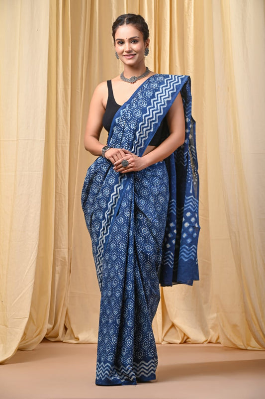 Indigo Hand Block Print Mul Cotton Saree