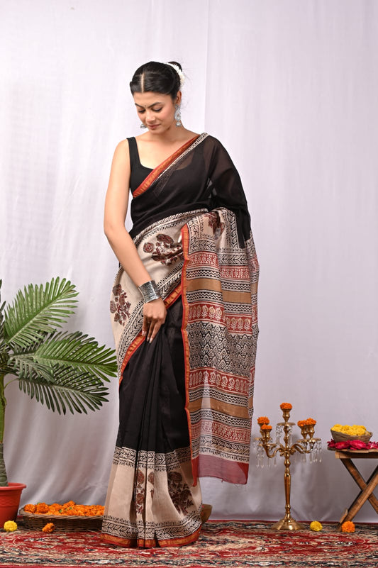 Hand Block Print Chanderi Silk Saree