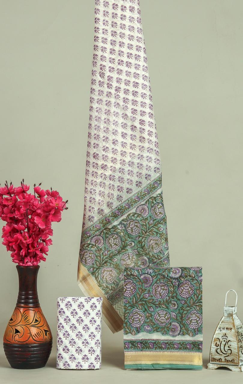 Handblock Maheshwari Zari Border Dress Material