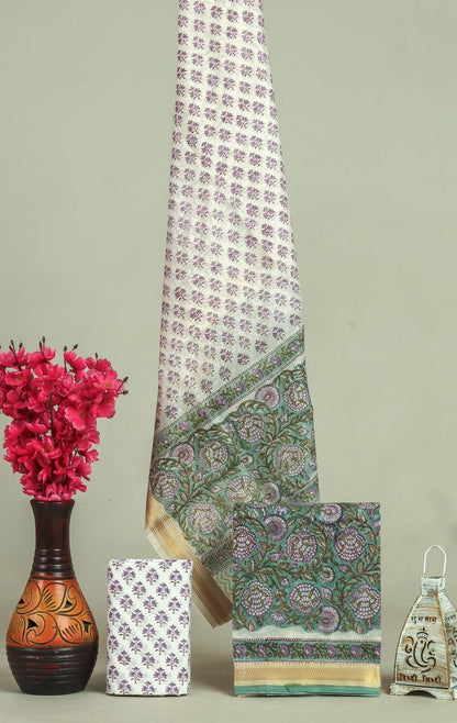 Handblock Maheshwari Zari Border Dress Material