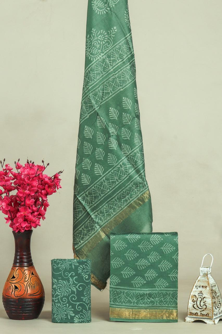 Handblock Maheshwari Zari Border Dress Material
