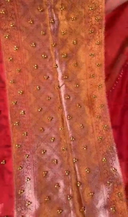 Banarasi Tissue Silk Saree with All-Over Ghungroo & Traditional Lace Border