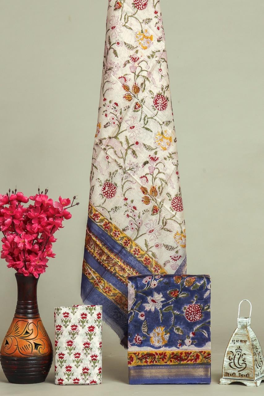 Handblock Maheshwari Zari Border Dress Material