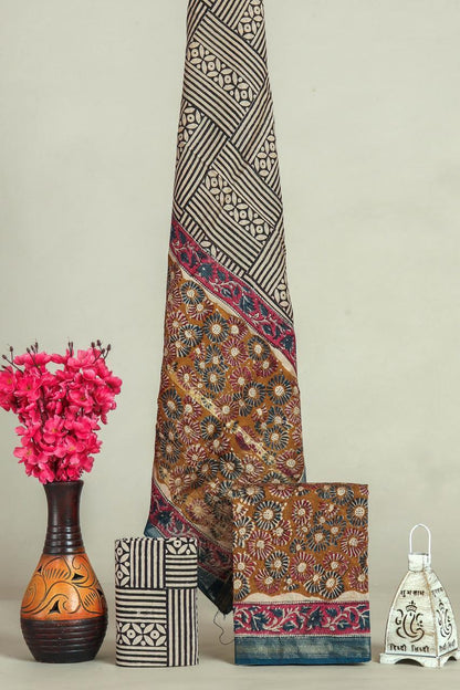 Handblock Maheshwari Zari Border Dress Material