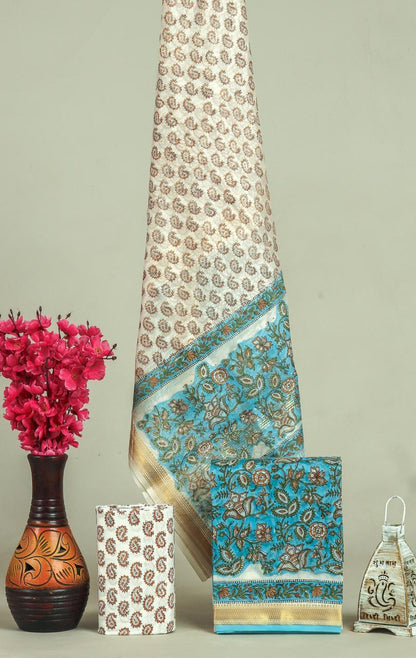 Handblock Maheshwari Zari Border Dress Material