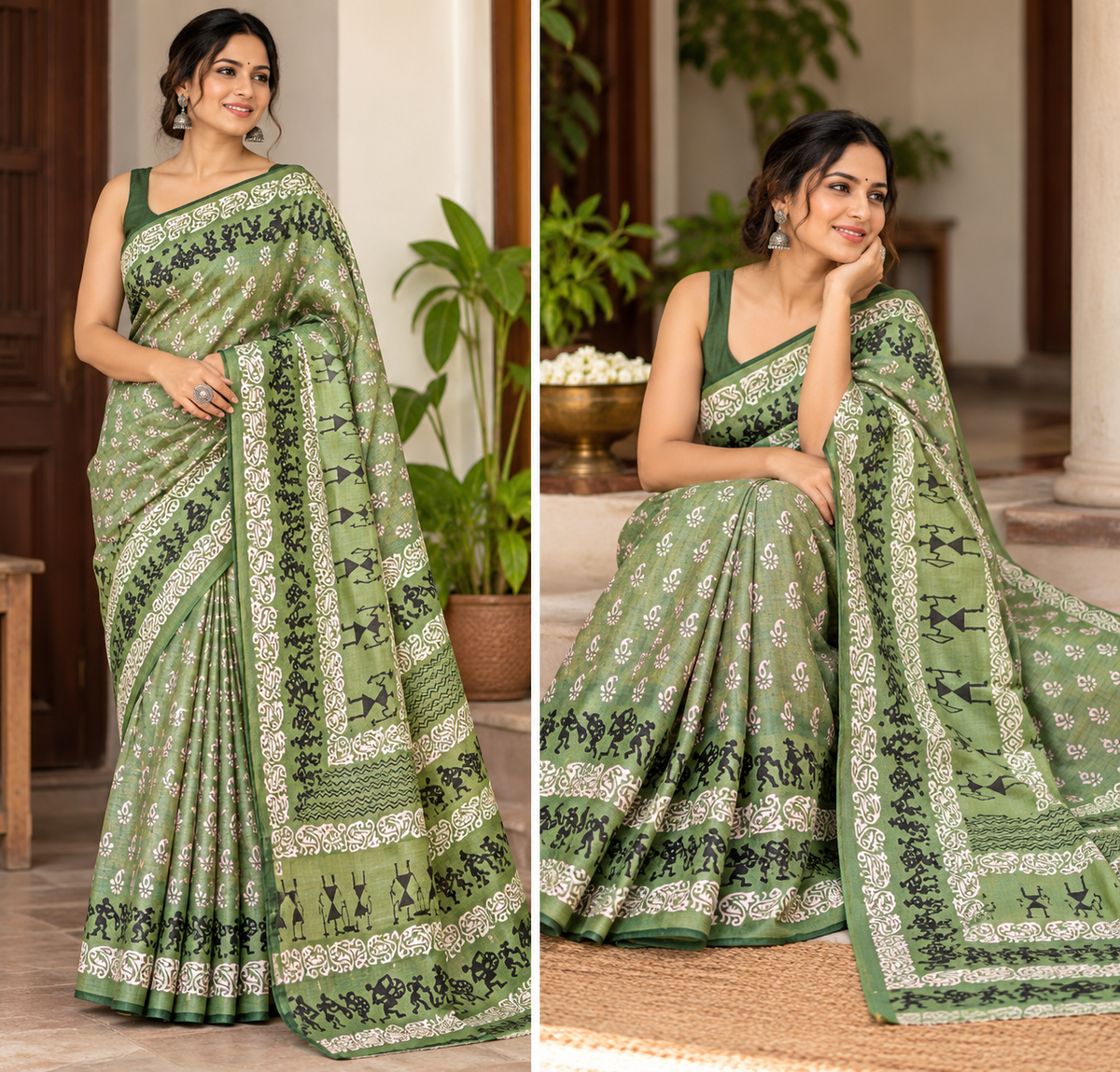 Pure Tussar Silk Handblock Printed Saree