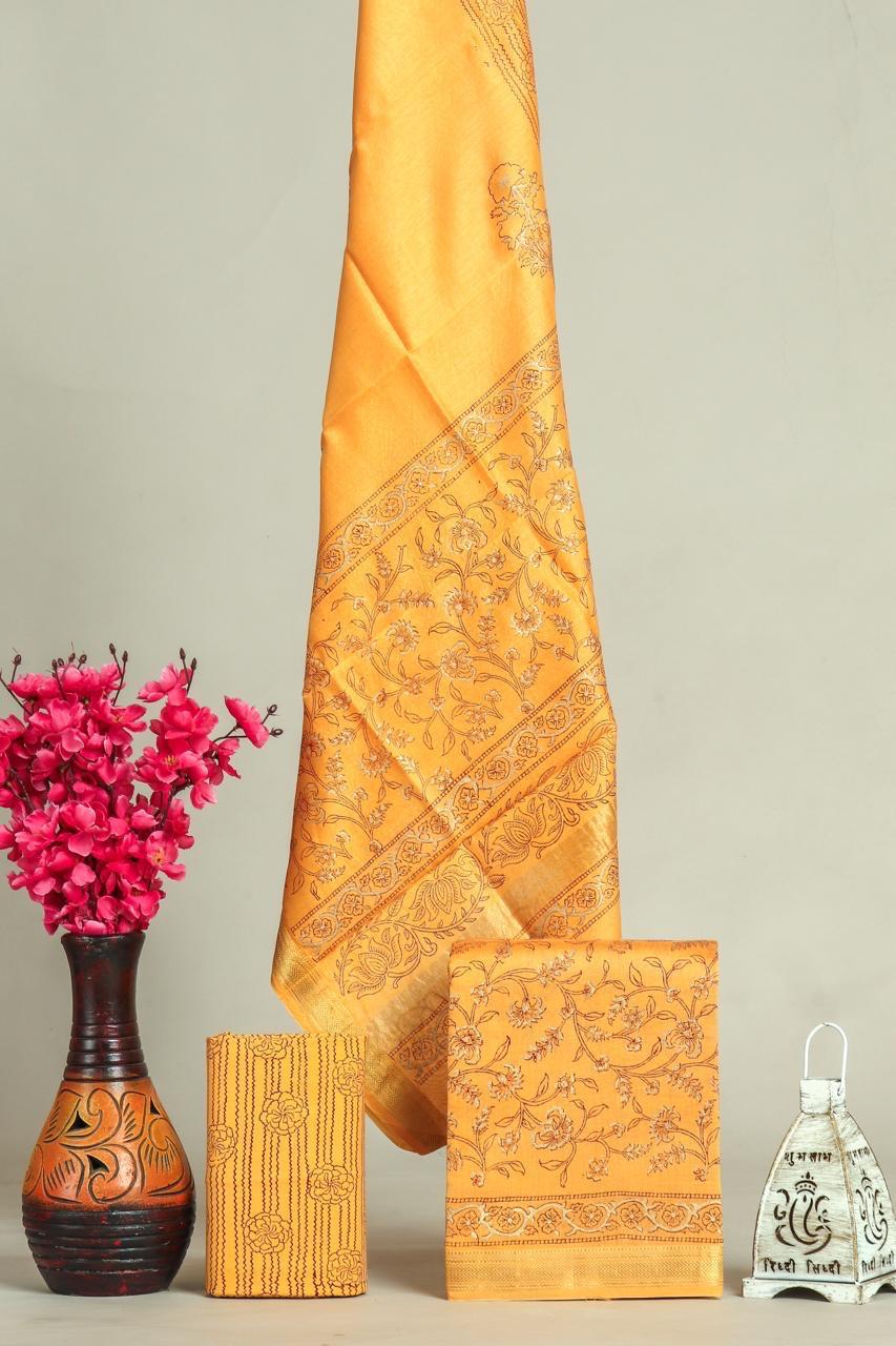 Handblock Maheshwari Zari Border Dress Material