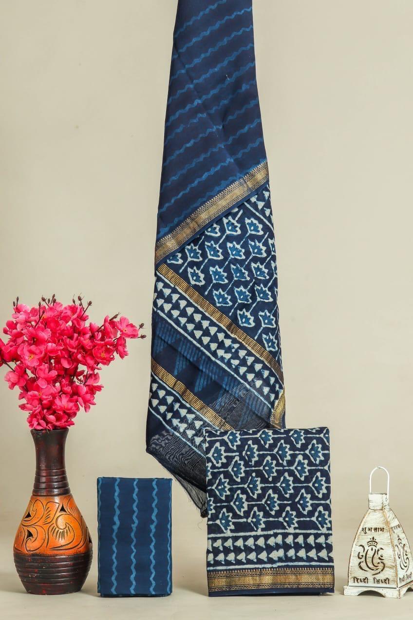 Handblock Maheshwari Zari Border Dress Material