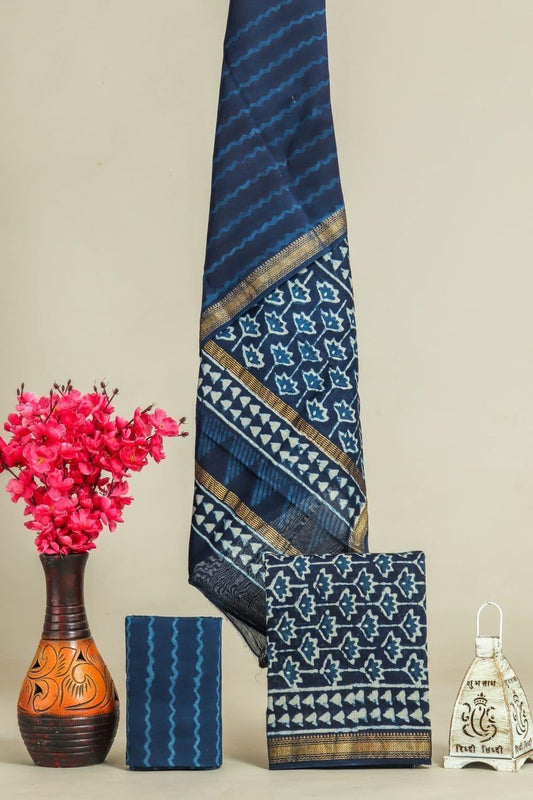 Handblock Maheshwari Zari Border Dress Material