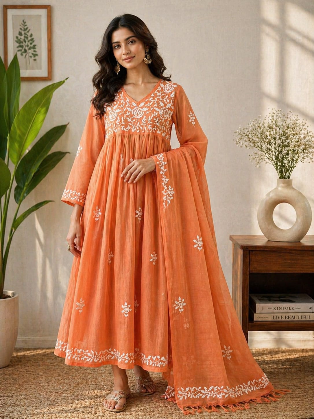 Pure MulMul Chikankari Gown with Dupatta