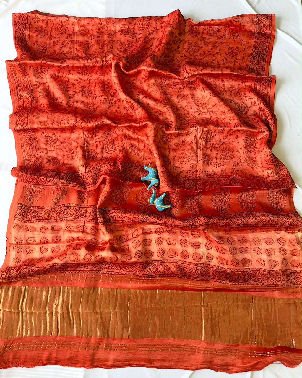 Pure Lagdi Patta Modal Gajji Silk Saree with Ajrakh & Bagru Prints