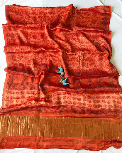 Pure Lagdi Patta Modal Gajji Silk Saree with Ajrakh & Bagru Prints