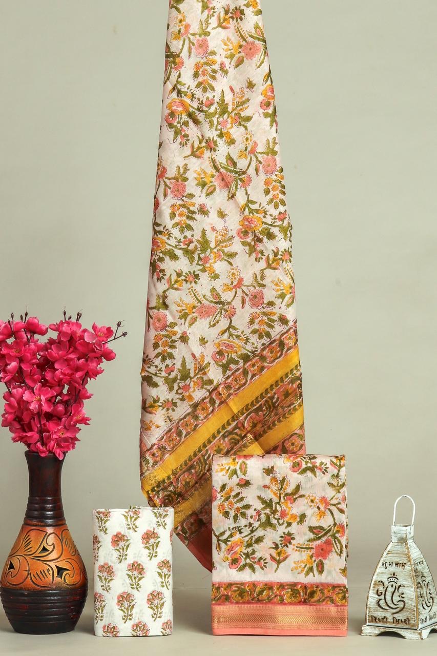 Handblock Maheshwari Zari Border Dress Material