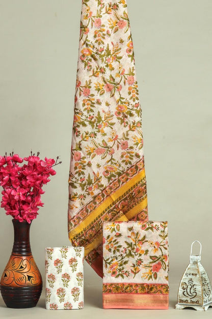 Handblock Maheshwari Zari Border Dress Material