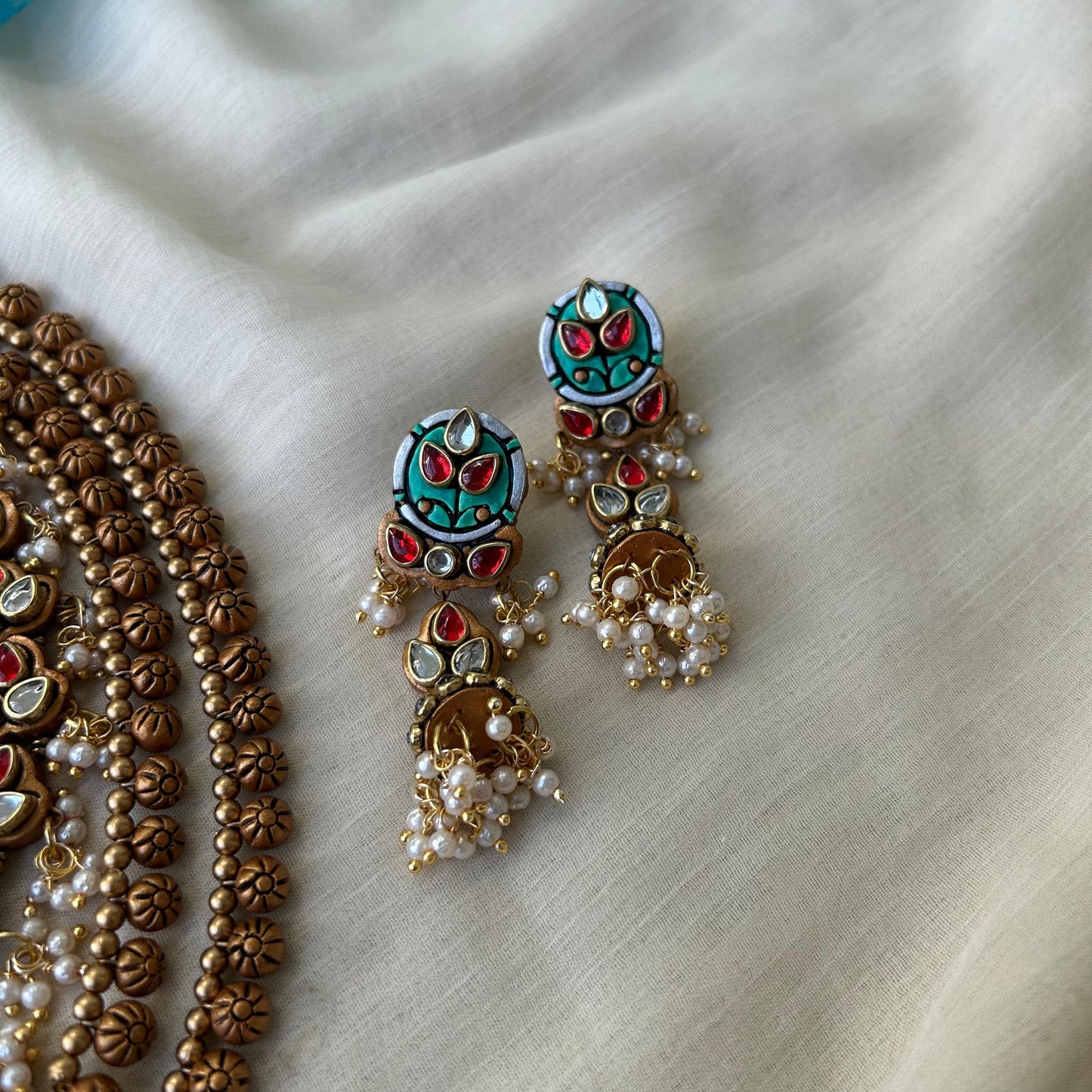 Handmade Terracotta Jewellery Necklace Set with Kundhan Stones