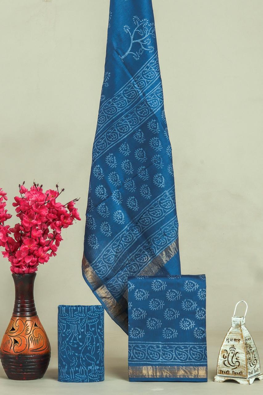 Handblock Maheshwari Zari Border Dress Material