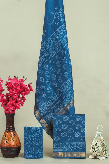 Handblock Maheshwari Zari Border Dress Material