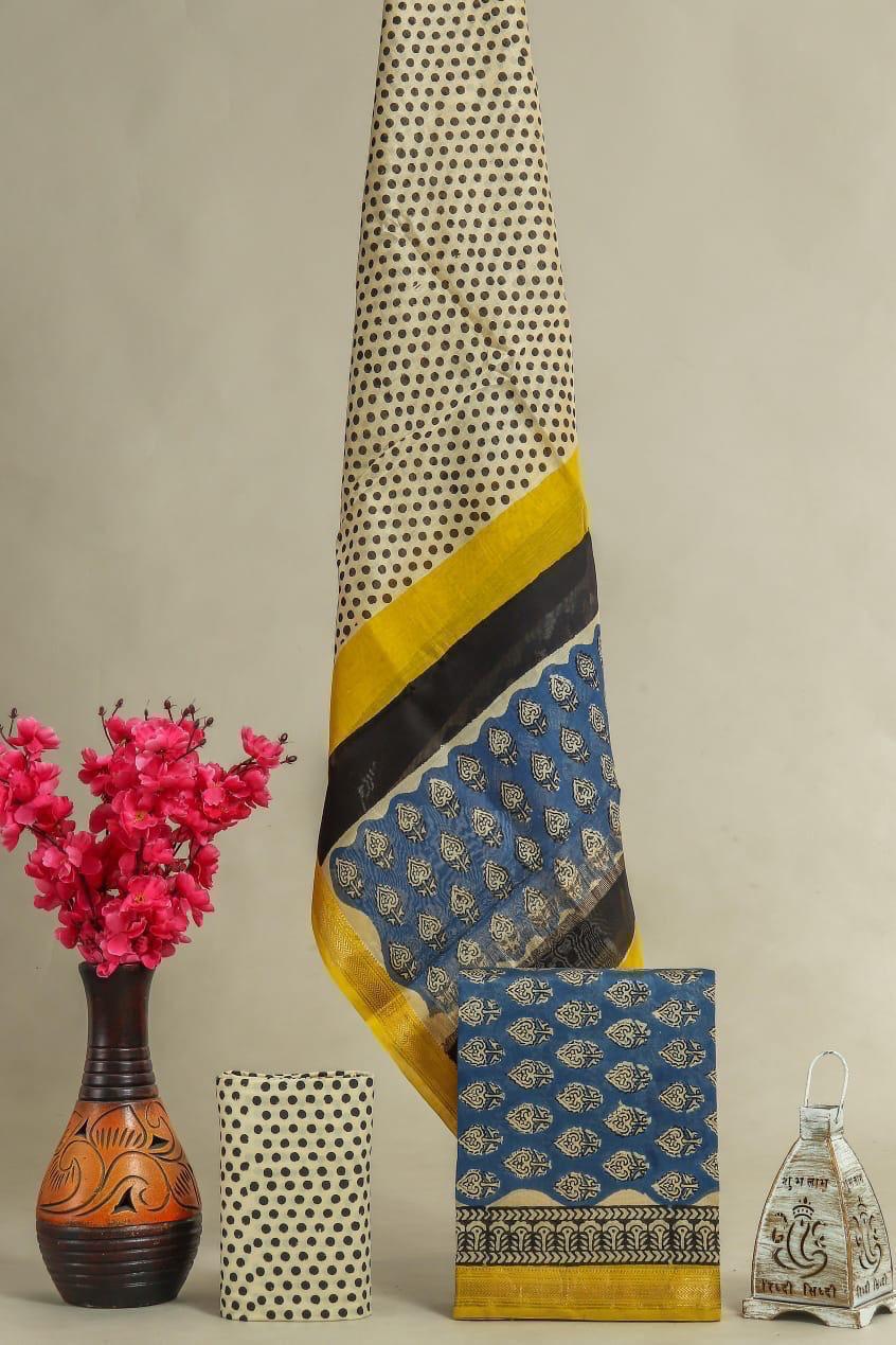 Handblock Maheshwari Zari Border Dress Material