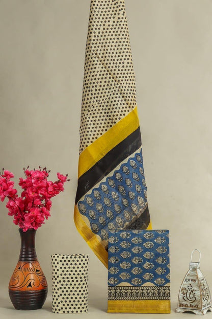 Handblock Maheshwari Zari Border Dress Material