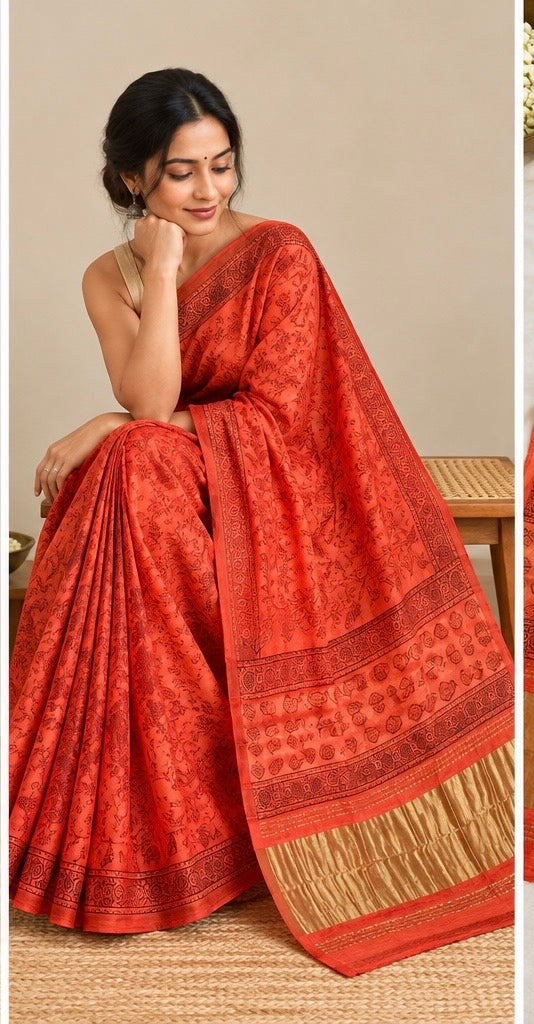 Pure Lagdi Patta Modal Gajji Silk Saree with Ajrakh & Bagru Prints