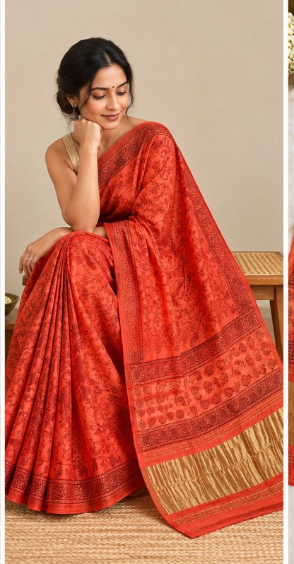 Pure Lagdi Patta Modal Gajji Silk Saree with Ajrakh & Bagru Prints